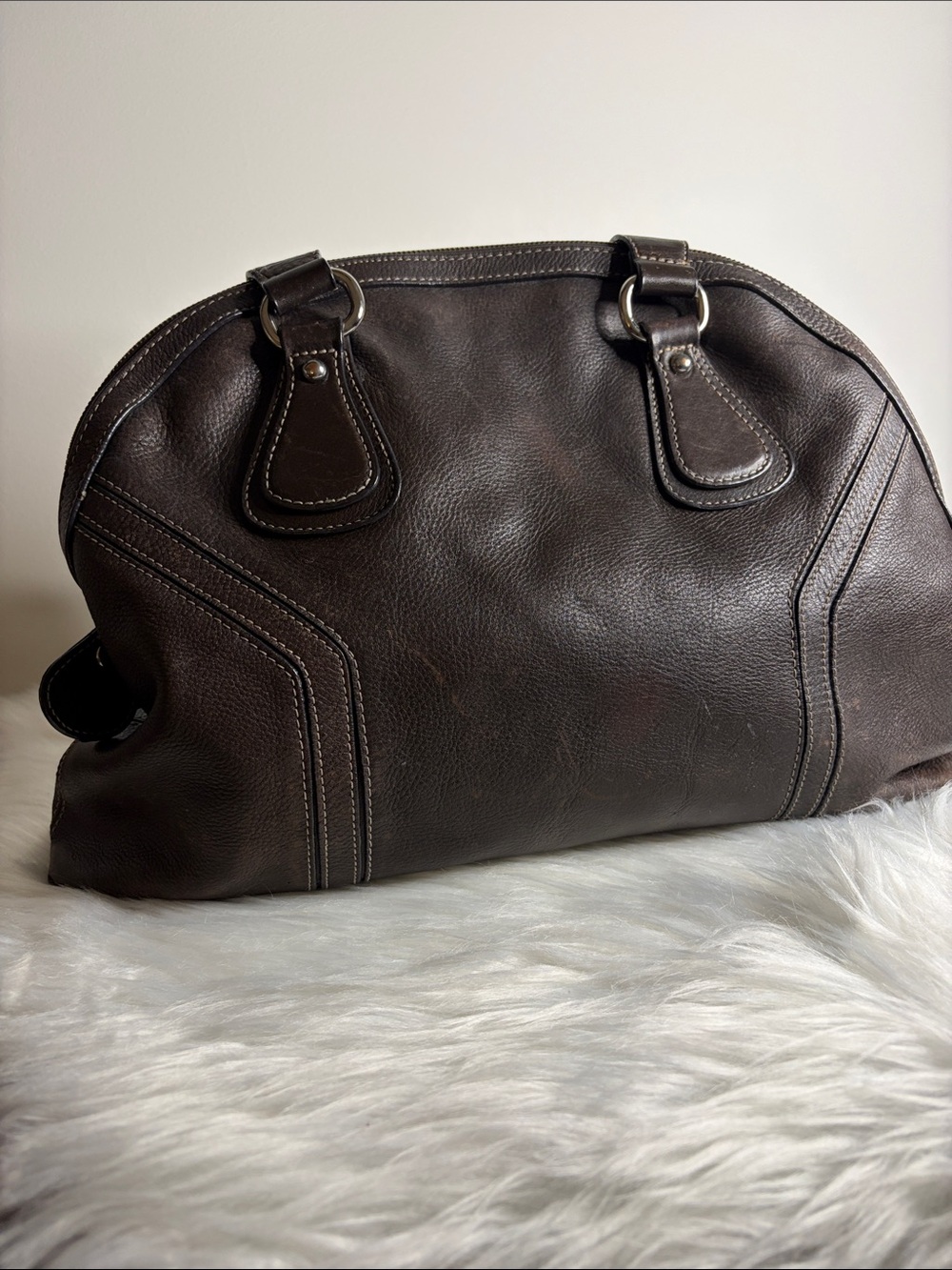 Danier Dark Brown Leather Satchel with Metal Logo Plate